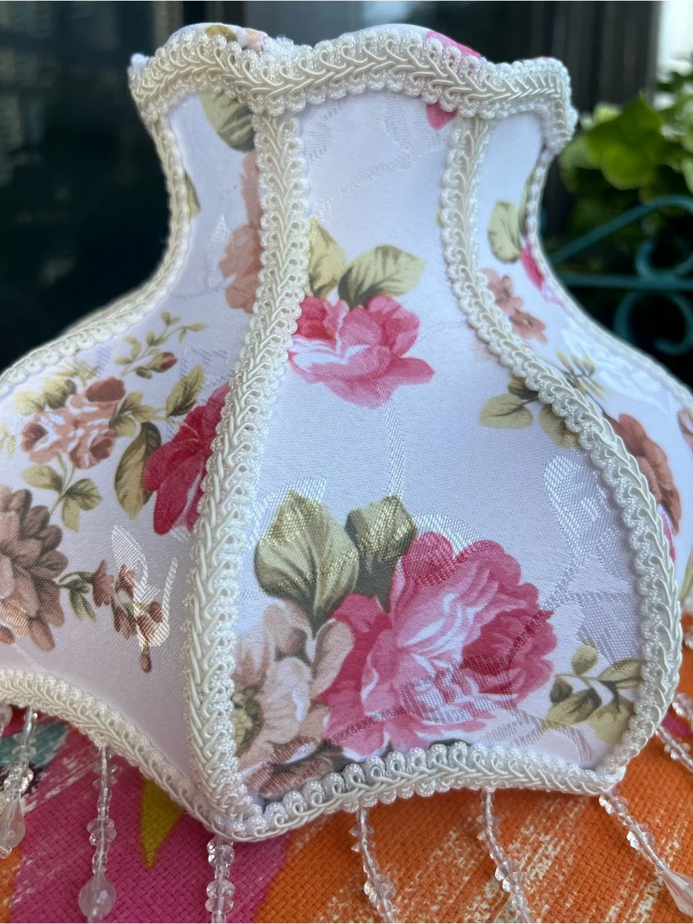Floral Bell Lamp Shade Pink Rose Fabric Beaded Fringe Cottagecore Victorian